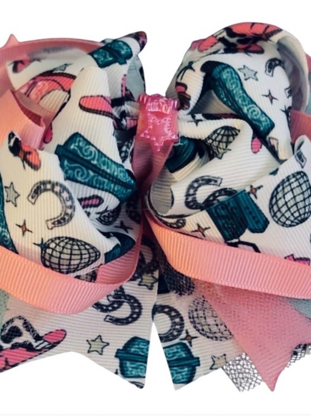 Girls Pink and Teal Western Print Hair Bow - Kids Accessories